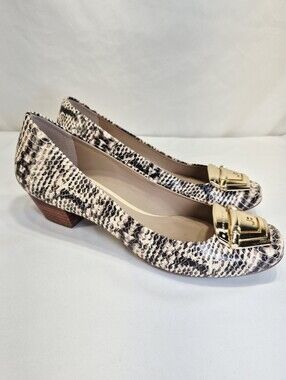 Jorge Bischoff Women's US 8/EU 38  Snake Skin Gold Buckle Low Wood Heel Shoe